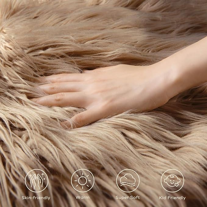 Ashler Faux Fur Rug, Fluffy Shaggy Area Rug Ultra Soft 2 x 6 Feet Sheepskin Fur Rug, Beige Fuzzy Machine Washable Shag Rug, Nursery Decor Throw Rugs for Bedroom, Kids Room, Living Room