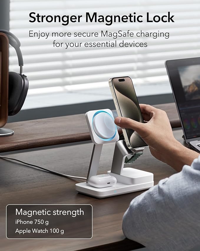 ESR 100W 6-in-1 GaN Charging Station with CryoBoost, Compatible with MagSafe Charger Stand, Magnetic Wireless Charger for iPhone 17e/17/16/15/14/13/12, Apple Watch, AirPods Pro/3/2, Classic White