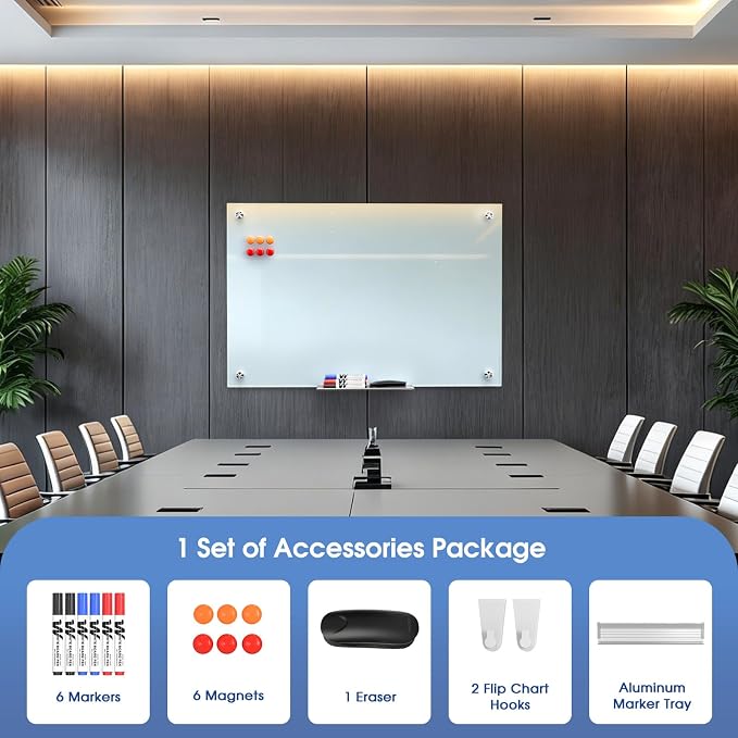 MaxGear Tempered Glass Whiteboard 36x24 Frameless Wall Mounted | Tempered Glass, Scratch Resistant, Stain Resistant, Ghost Free, Easy Erase, Smooth Writing, High Clarity, Frameless