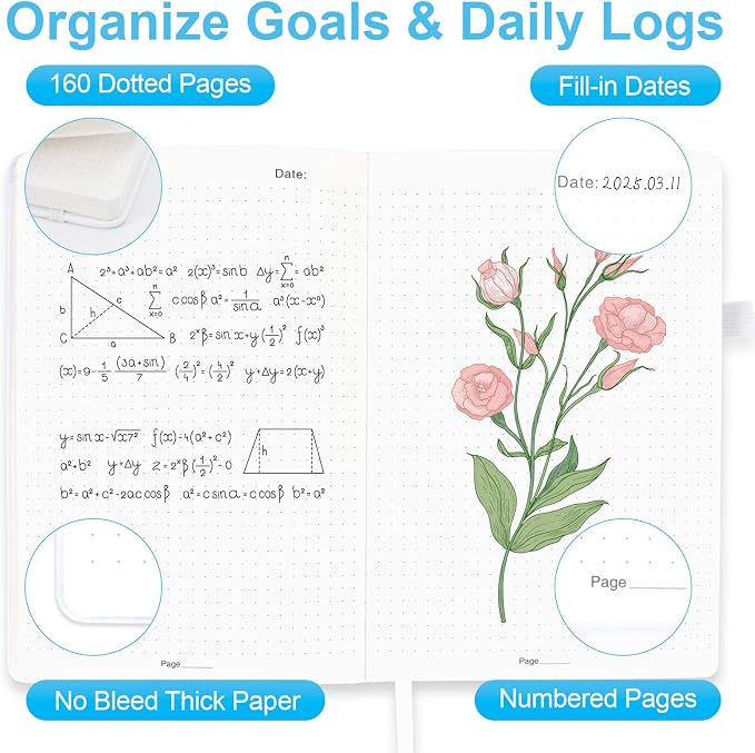 Dotted Journal Notebook A5, Dot Grid Bullet Journal for Women, 160 Pages with 100gsm Thick Paper for Journaling, Planning, Habit Tracking & Notes, Gift for Women, White