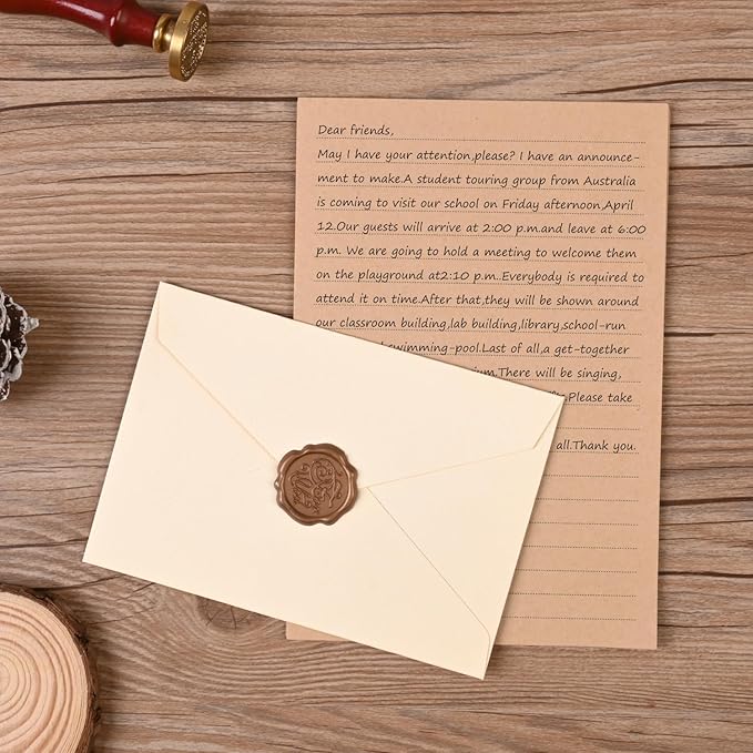 48 Pieces Stationery Set with Envelopes (24 Kraft Paper Sheets + 12 Linen Texture Envelopes+12 Wax Seal Stickers), Stationery Letter Writing Paper Set for Love Letters and Party Invitations (White)