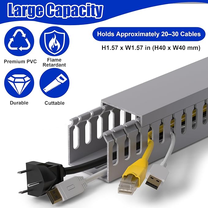 1.6"H x 1.6"W Cable Raceway, 99in Under Desk Wire Management Channel, Grey | Slotted Wire Duct, 6Pack, 16.5in Each, Heavy-Duty PVC Cable Management for Server Racks, Network Cables & Electrical Cabinets