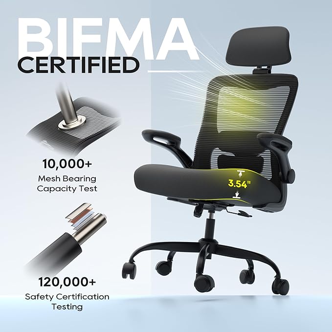 Ergonomic Office Chair, High Back Mesh Desk Chair with Adjustable Lumbar Support & Headrest, Flip-up Armrest, Computer Task Chairs for Home and Executive Office (B-Black)
