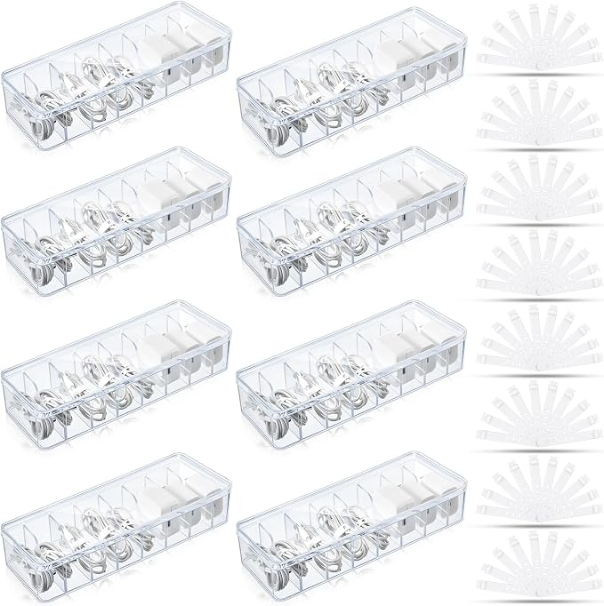 Tatuo 8 Pcs Cord Organizer for Drawer Desktop, Cable Organizer Box with 8 Compartments and Wire Ties, Plastic Charger Storage with Lid, Electronics Case for Home Office Accessories (Small,Clear)