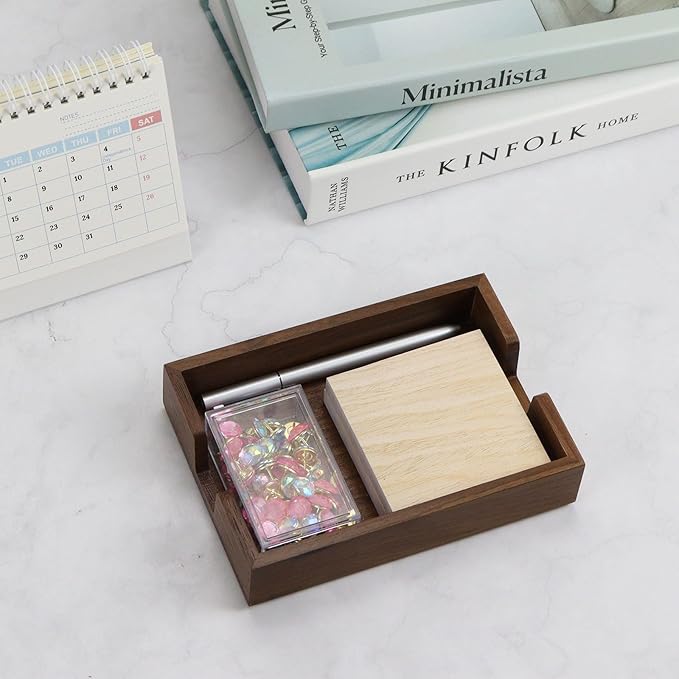 MultiBey Walnut Wood Sticky Notes Holder for Desk, 4x6 Inch Self -Sticky Note Memo Holder, Wooden Sticky Note Dispenser Office Desk Organizer for Dorm Room Office Home School (S)