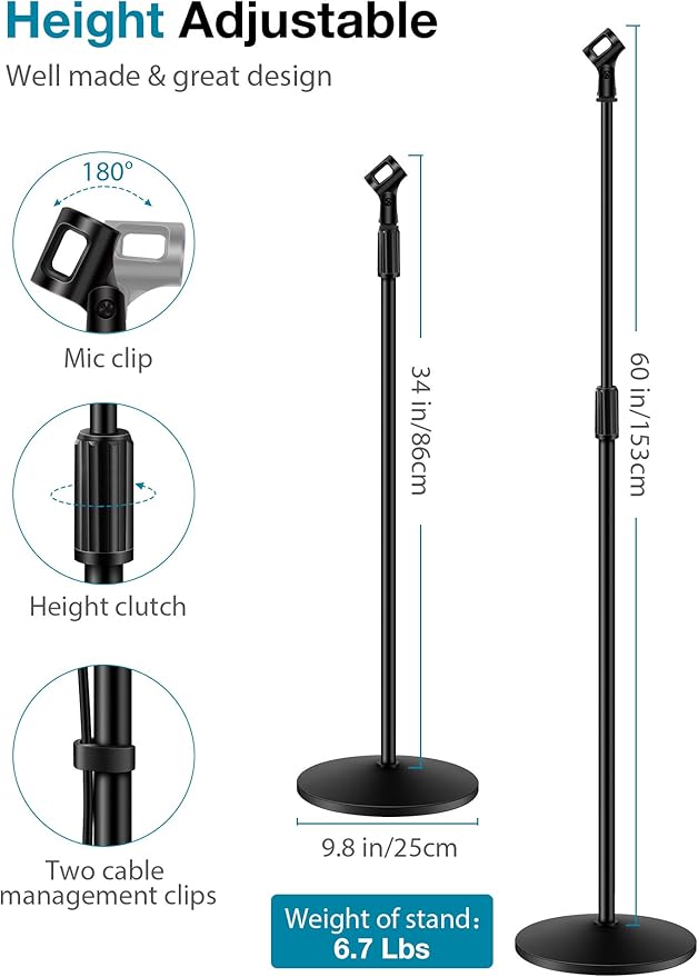 InnoGear Mic Stand, Microphone Stand Floor Detachable Boom Mic Arm Stands with Weighted Round Base, Height Adjustable from 34" to 60" for Blue Yeti HyperX QuadCast Shure SM58 Samson Q2U Fifine K669B