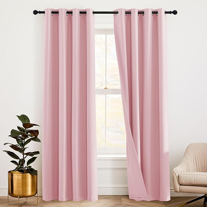 RYB HOME 3-in-1 Noise - Blackout - Thermal Insulation Living Room Window Curtains, Inside Detachable Felt Liner for Noise Reduce/Daytime Sleep/Bedroom, Pink, Wide 52 x Long 84 in, 1 Pair