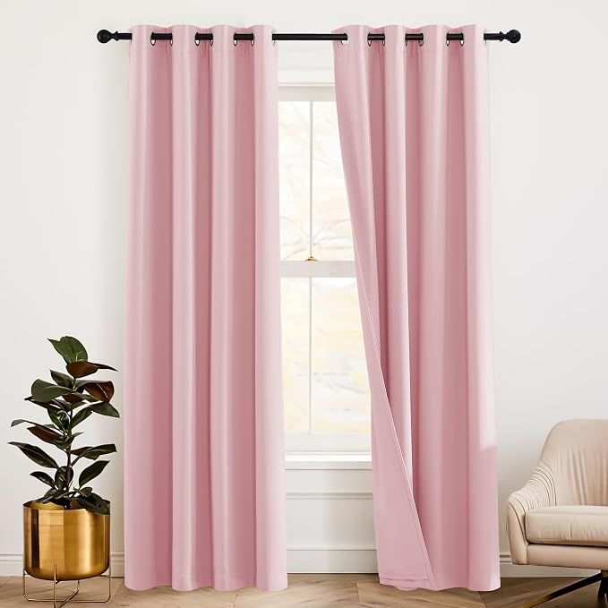 RYB HOME 3-in-1 Soundproof Curtains with Detachable Felt Liner, 100% Blackout Thermal Insulated Living Room Curtains, Draft Block Drapes for Living Room, Pink, W52 x L90 in, 1 Pair