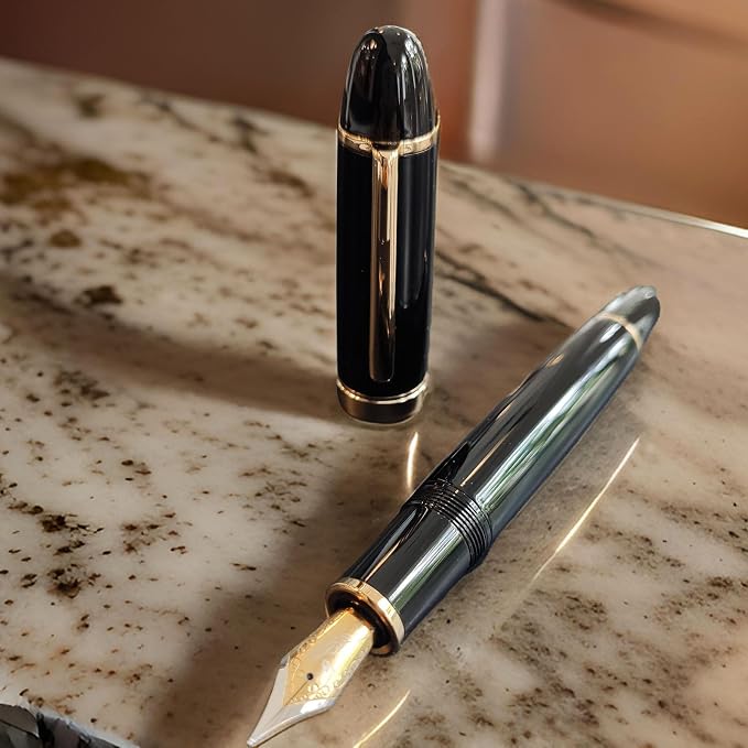 Luxury Fountain Pen, Fine Nib (F) Gold Trim Classic Executive Writing Pen,18K Gold Plated Nib, Professional Business Gift with Ink Refill Converter (Black Gold Trim)