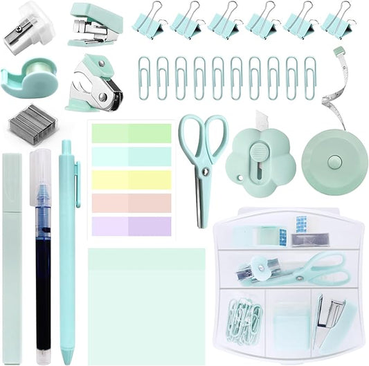 Mini Office Supplies, Teal Mini Stapler with Staples and Tape Dispenser Set, Mini Stationary Kit Includes Sticky Notes Index Tabs Highlighters Gel Pens for Office & School Supplies (Teal)
