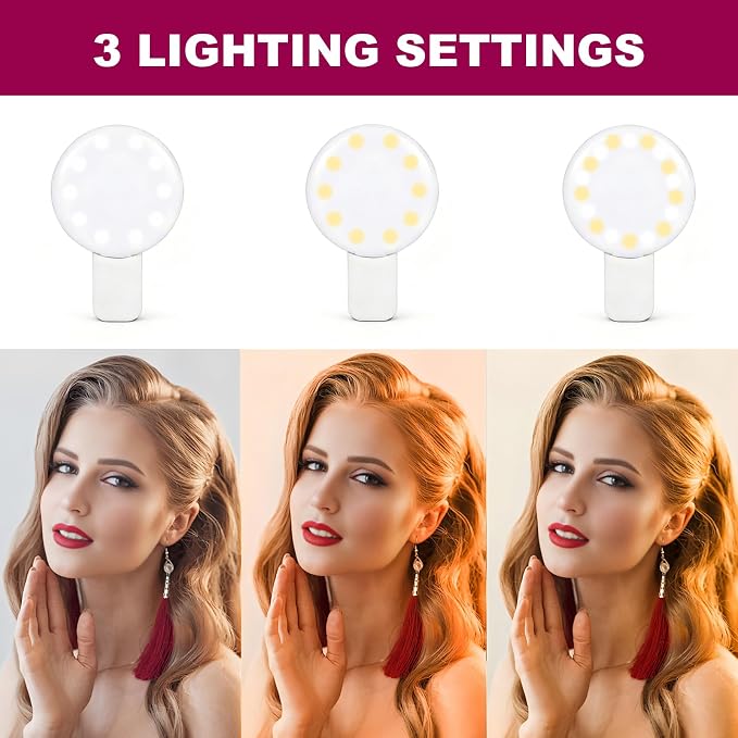 2Pcs Mini LED Ring Light, Rechargeable Small Clip On Selfie Light, Portable Adjustable 3 Brightness Lighting Modes Ring Lights for Phone, iPad, Tablet, Laptop, Tool for Tiktok Stuff