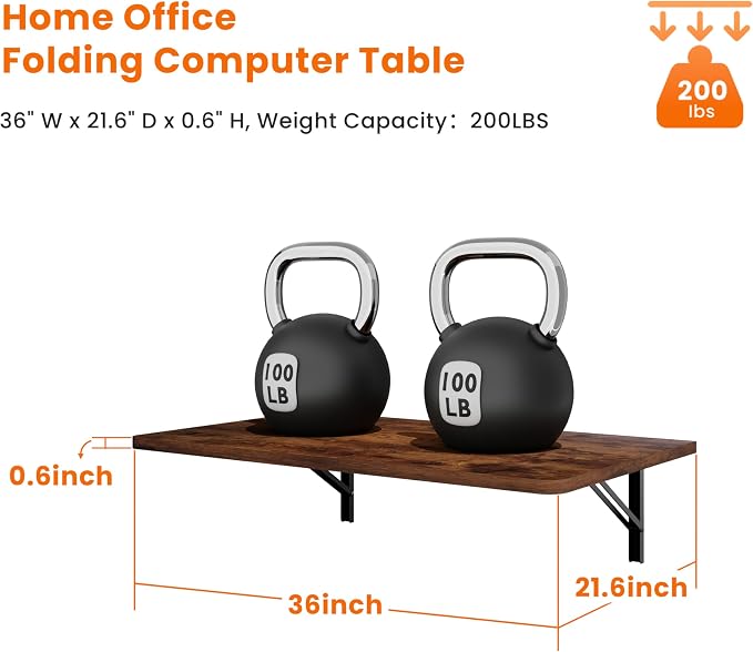 IAE Wall Mounted Floating Foldable Desk, 36" x 22" Folding Computer Workstation Table with Engineered Wood and Metal Shelf Brackets,Fold&Floating Design for Home Office, Apartment,Laundry Room,Rustic