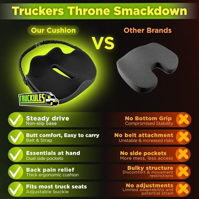 Large Truck Seat Cushion for Truck Driver Seat Cushion - CertiPUR-US® Certified Upgraded Back Support, Thick Memory Foam, Pain Relief for Hours of Driving, Trucker Approved Semi - Black