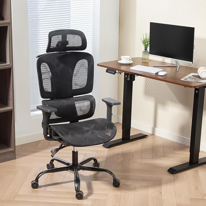 Black Ergonomic High Back Mesh Office Chair | Adjustable Lumbar, 3D Armrests, Headrest, 135° Recline, Large Steel Base, Swivel, for Home Office