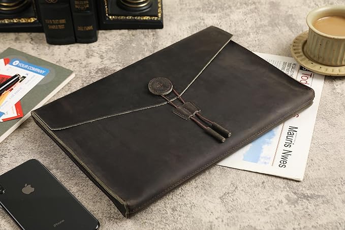 Genuine Leather Envelope Document Holder， Leather File Folder Organizer，Envelope Document Holder for Men&Women, Personalized Folio Laptop Sleeve Case for 15" Laptops, Tablets