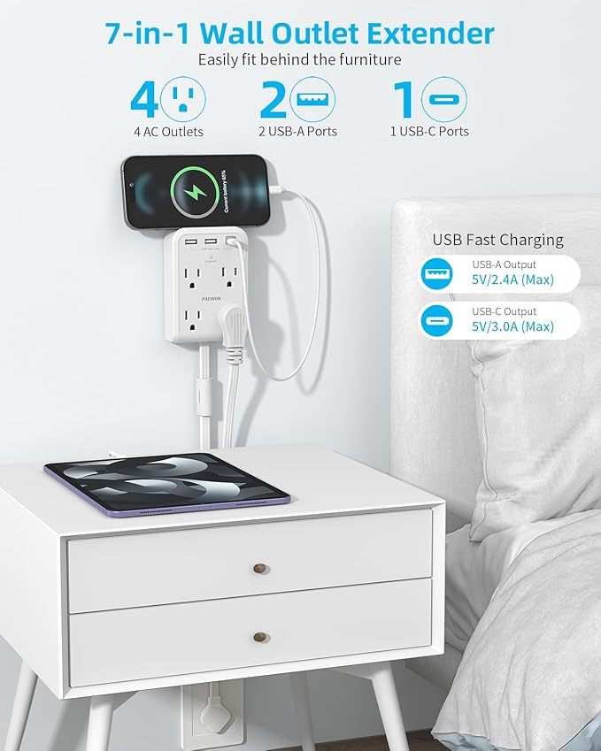 Short Power Strip 2FT - Flat Wall Extension Cord with 4AC Outlet and 3 USB Ports(1 Type C), Multi Plug Outlet Extender Small Surge Protector for Home Office Dorm, White
