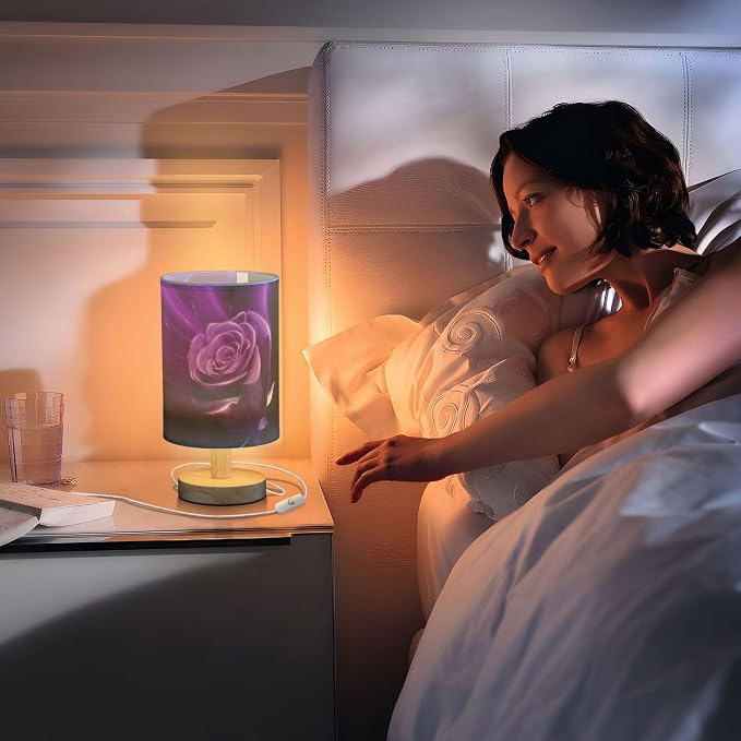 Table Lamp Magic Purple Rose Flower Neon Glare Floral Nightstand Lamp with Wood Base Fabric Lamp Shade Bedside Desk Lamp for Living Room Bedroom Kids Room Office