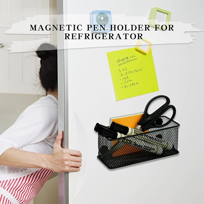 Neudeco Magnetic Locker Organizer and Accessories, Wire Mesh Magnetic Storage Basket, Magnetic Holder for Dry Erase Markers, Strong Magnet Pen Holder for Fridge School, Pack of 3, Black