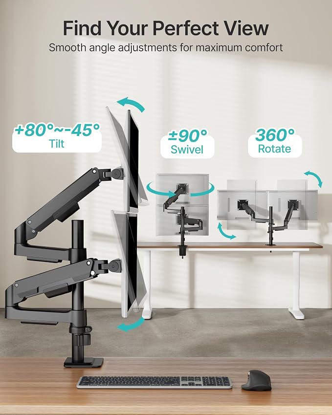 Dual Monitor Stand for 17-32 Inch Screens, Gas Spring Arms | Full Motion Mount with Cable Management, Support up to 19.8 lbs，Computer Monitor Arm with Clamp/Grommet Base