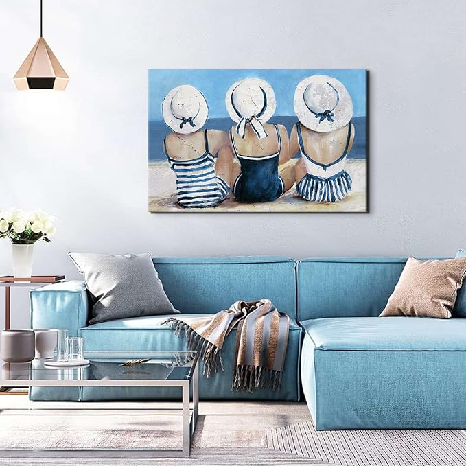 Coastal Beach Girls Wall Art Vintage Ocean Pictures Beach Wall Decor for Bathroom Bedroom Navy Blue and White Swimsuit Canvas Paintings Girl Friends Sun Bathing Artwork Living Room Home Decoration