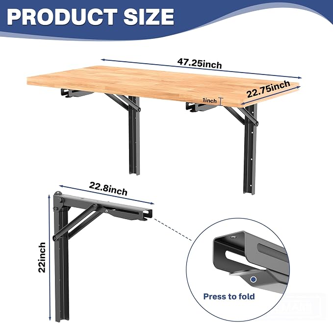 WALMANN Space Saving Wall Mounted Folding Workbench, Heavy Duty Folding Wall Table/Desk for Garage, Workshop, Holds Up to 550 lbs(Tabletop Size: 47.25 x 22.75inch)
