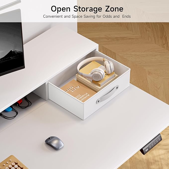 ONBRILL Standing Desk with Drawers, 55x24 Inch Electric Stand Up Desk with 3 Drawers and Open Storage Shelf, Adjustable Height 28-46 Inches for Home and Computer Workstation, White