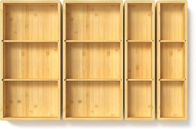 DUJEN 4 Packs Bamboo Drawer Organizer, Adjustable 3 Individual Junk Drawer organizer for Bathroom and Kitchen, Wood Drawer Organier Boxes for Jewellery, Make up and Tea Bag