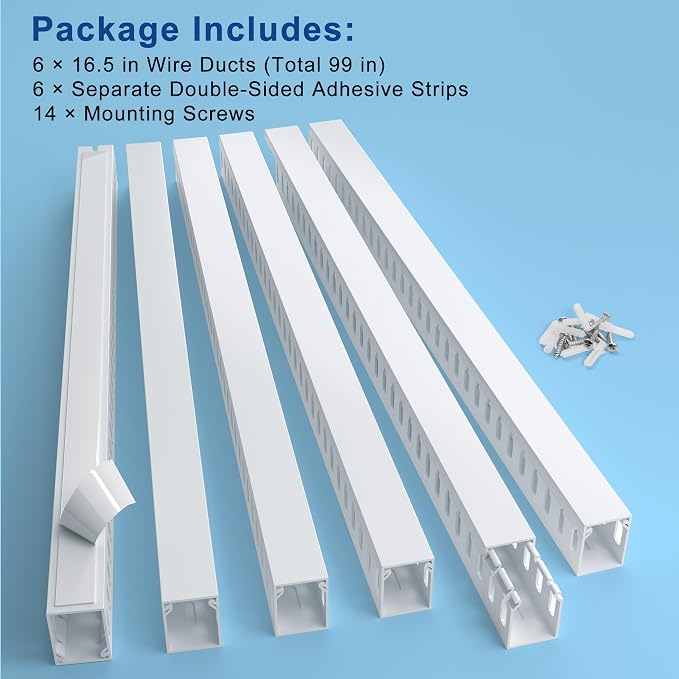 1.6"H x 1.2"W Cable Raceway, 99in Under Desk Wire Management Channel, White | Slotted Wire Duct, 6Pack, 16.5in Each, Heavy-Duty PVC Cable Management for Server Racks, Network Cables & Electrical Cabinets
