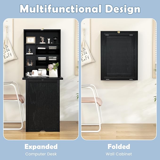 Tangkula Folding Wall Mounted Desk, Convertible Fold Out Floating Table with Storage Shelves, Space-Saving Drop Leaf Table, Murphy Desk for Craft, Study, Small Spaces, Home Office, Dorm, Black