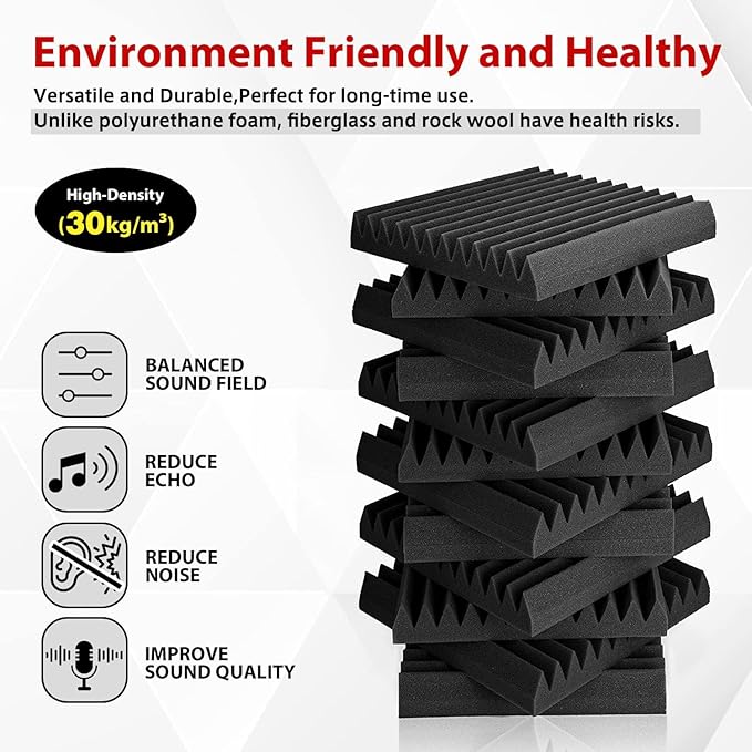 FONESO Acoustic Foam Panels, Sound Proof Foam Panels for Walls, High Desnsity Studio Soundproofing Wedges - Fire Resistant & Noise Absorbing for Studio, Office, Home (Black, 1"x12"x12" 12Pack)