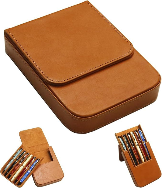 Leather 6 Fountain Pen/Pencil Tray Case, Handmade, Magnetic Closure with Drawer Design, Gift Choice for Man/Woman/Office, 6 Slots（brown）