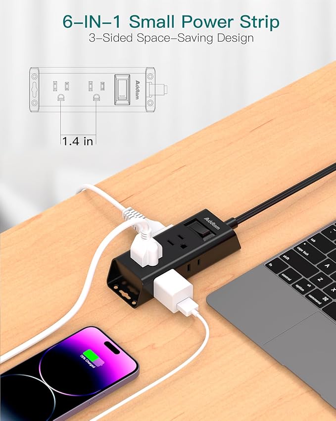 Cruise Essentials - Flat Plug Power Strip, Addtam 5 ft Ultra Flat Extension Cord with 6 Outlets Extender, No Surge Protector for Cruise Ship, Travel, Dorm, Home Office,Black