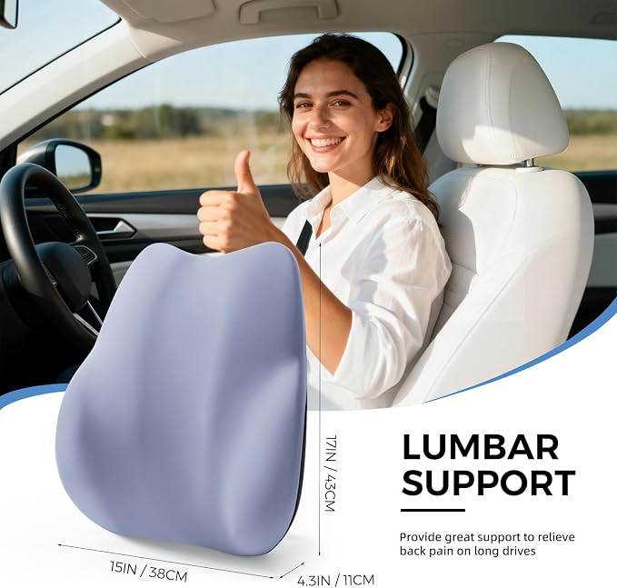 BEBAS Lumbar Support Pillow for Car, Memory Foam Back Cushion for Driving, Ergonomic Lumbar Pillow for Pain Relief, Comfort Lower Back Support for Office Chairs, Car Seat, Wheelchair -Blue