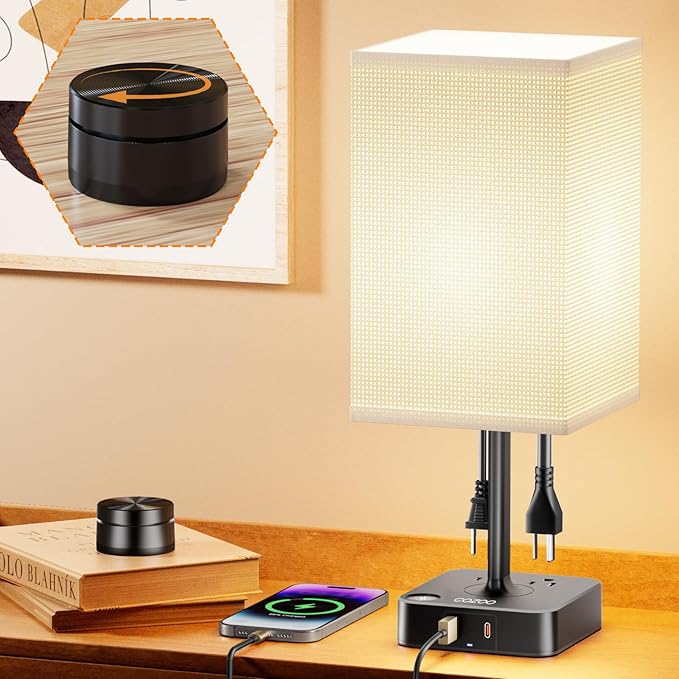 cozoo Bedside Table Lamp for Bedroom, 3 Way Dimmable & Remote Control Stepless Dimming Touch Nightstand Lamp, 2 USB Ports and 2 AC Outlets, Small Desk Light for Living Room, Bed, Study, White