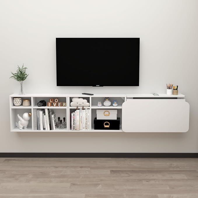 Floating Desk with Storage Shelves, 81'' Wall Mounted Desk Laptop Writing Study Table, Folding Drop Leaf Table, Multifunctional Computer Workstation for Narrow Small Space