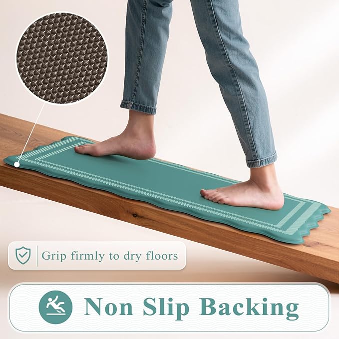 KIMODE Anti Fatigue Kitchen Mats,Turquoise Scalloped Rugs for Kitchen Floor | Padded Kitchen Floor Mats,,Boho Kitchen Rugs Sets of 2, Cushioned Standing Mat for Laundry Office Sink Desk 17"x47"+17"x29"