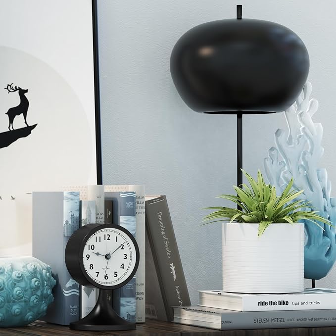 AYRELY® 3" Analog Alarm Clock, Retro Small Clock, Desk Clock for Bathroom | Cute Battery Operated Table Clock with Silent Movement and Light for Bedroom, Bedside, Living Room Decor and Shelf (Black)