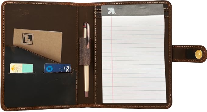 Brown Leather Junior Padfolio 5x8, Small Bifold Business Portfolio Folder for Men & Women, Compact Legal Pad Holder with Pen Loop, Card Holder with Document Pocket, Interview Organizer