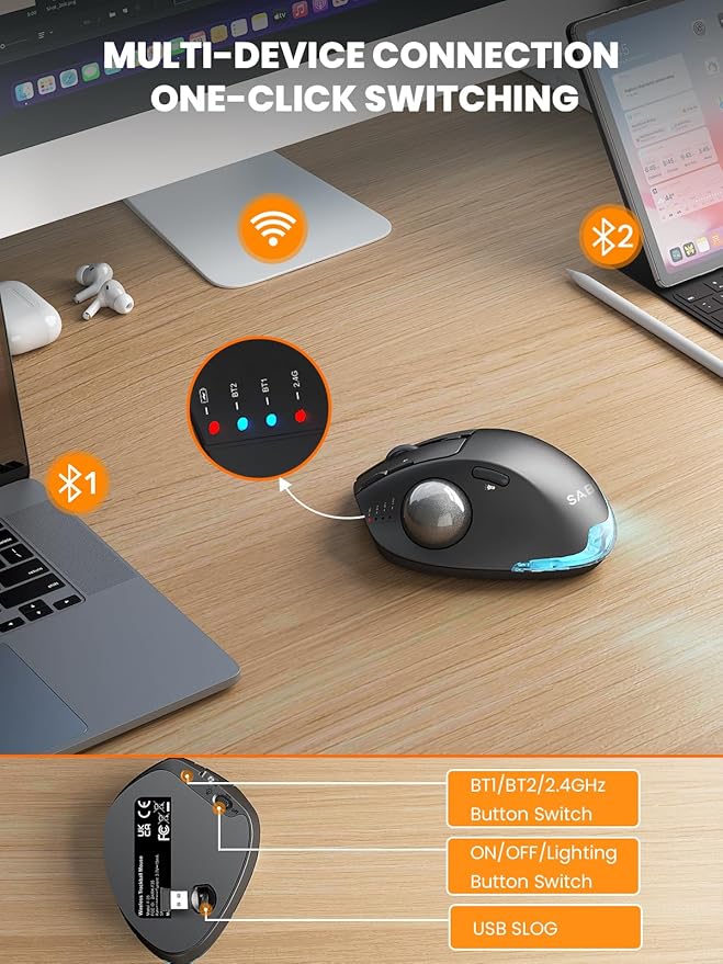 SABLUTE Wireless Trackball Mouse, Hard Travel Case (Include) Ergonomic Bluetooth Rechargeable Computer Mouse, Laptop mice with 5 Level DPI, Adjustable Angle, 3 Devices Connection for PC, Mac, Windows