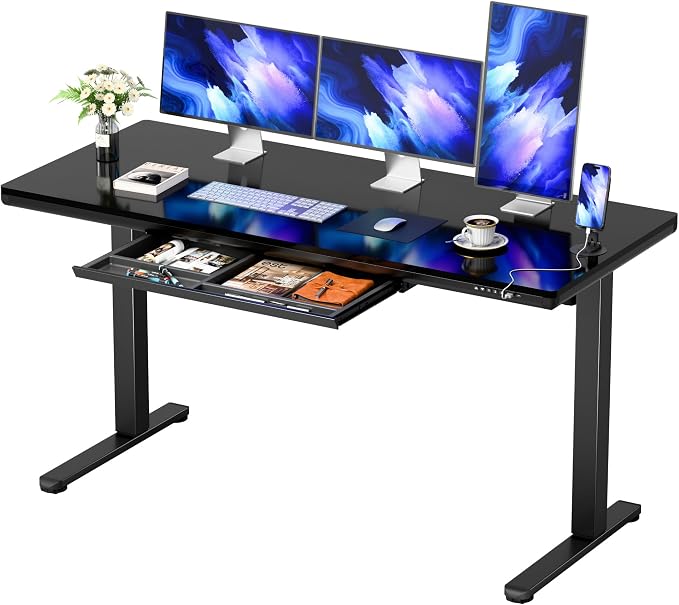 YESHOMY Electric Standing Desk with Tempered Glass Top, 55.1" Height Adjustable Desk with Partitioned Drawer & USB/Type-C Ports, Sit Stand Desk for Home Office, Black