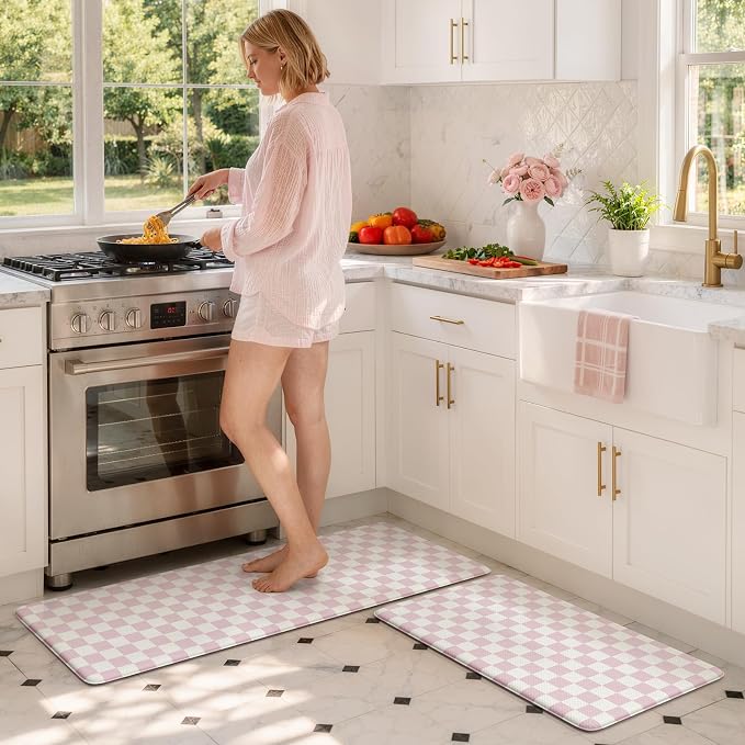KIMODE Kitchen Anti Fatigue Mats, Light Pink Checkered Home Decor Carpet | Geometric Kitchen Rugs Sets of 2,Padded Kitchen Mats for Floor,Cushioned Rugs for Kithcen Floor Sink Laundry 17"x47"+17"x29"