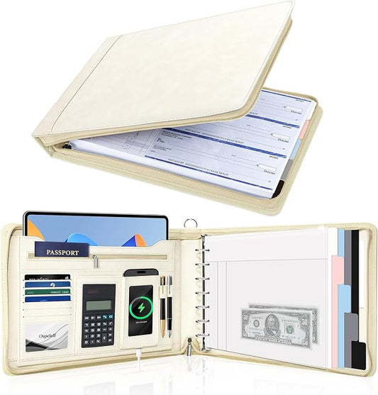 Ospelelf Beige Zippered 7 Ring Check Binder for Business Checks (9" x 13"), 1 Inch Faux Leather Checkbook Portfolio with Zipper Pouch, Professional Binder Organizer for Accountants, Home Use