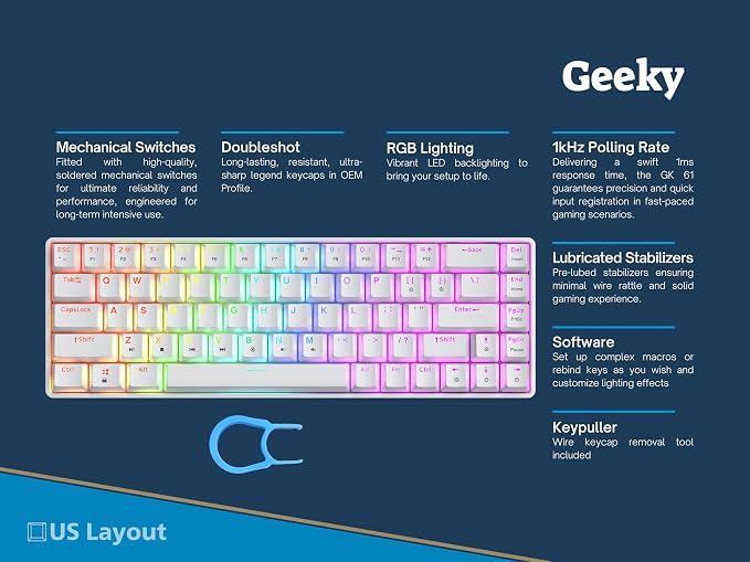 Geeky GK65 SE 65% | Mechanical Gaming Keyboard | 68 Keys Multi Color RGB LED Backlit for PC/Mac Gamer | ANSI US American Layout (White, Mechanical Red)