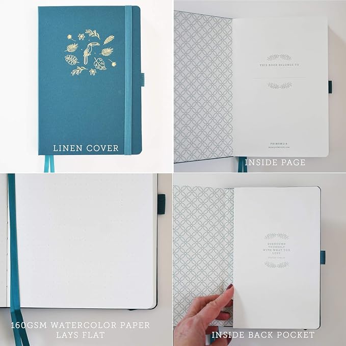 Primrosia A5 Dot Grid Watercolor Journal Notebook – 160 pages I 160gsm Premium Heavy Paper, No Bleed – Luxe Linen Hard Cover with Cute Deer Slip Cover (Toucan Summer)