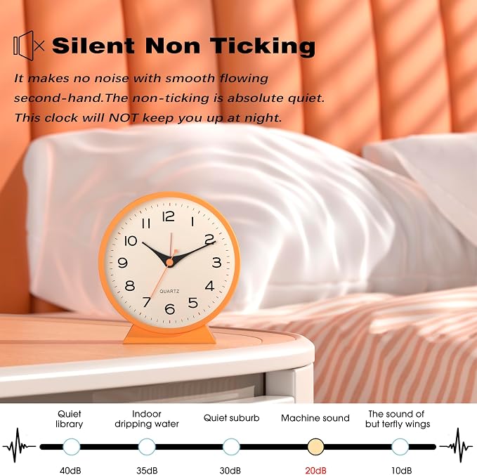 AYRELY® 4.5" Analog Alarm Clock, Small Retro Desk Clock and Table Clock | Battery Operated, Silent Metal Table Clock with Light for Living Room Decor, Bedroom, Bedside and Shelf (Orange)