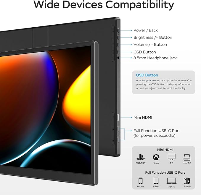 WGK Portable Monitor 14 Inch FHD1200P Ultra-Slim for Laptop Monitor, USB-C HDMI Plug&Play,100% SRGB External monito,Dual Speakers Extender Display. with Stand for Laptop,PC Phone Xbox PS4/5
