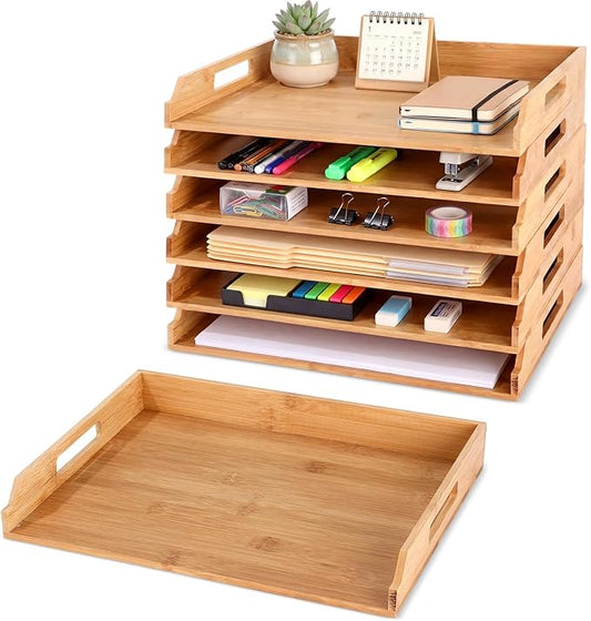 6 Pcs Stackable Paper Tray Bamboo Wood Desk Organizer Letter Tray 6 Tier Wooden File Organizer Desk Shelf for Documents, Letter Sorter, Envelopes and Magazine Holder