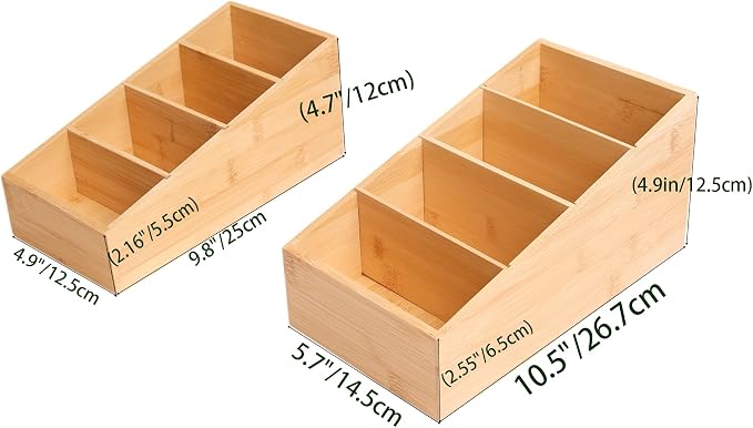 2 Pack Bamboo Food Pantry Organizers, 4 Section | Modular Wooden Storage Trays, Kitchen, Bathroom, Vanity Office Desk, Decluttering Solution, Makeup, Jewelry Office Supplies
