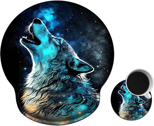Mouse Pad with Wrist Support Gel, Ergonomic Mouse Pad with Comfortable Wrist Rest, Gaming Mousepad Non-Slip PU Base for Laptop Office Easy Typing & Pain Relief,Blue Wolf Howling