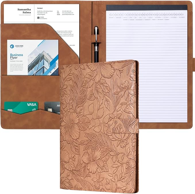 Mymazn Padfolio Portfolio Binder, Faux Leather Interview Resume Folder with Document Organizer & Business Card Holder, Letter-Sized Notepad Legal Pad Holder for Women Men (Brown)